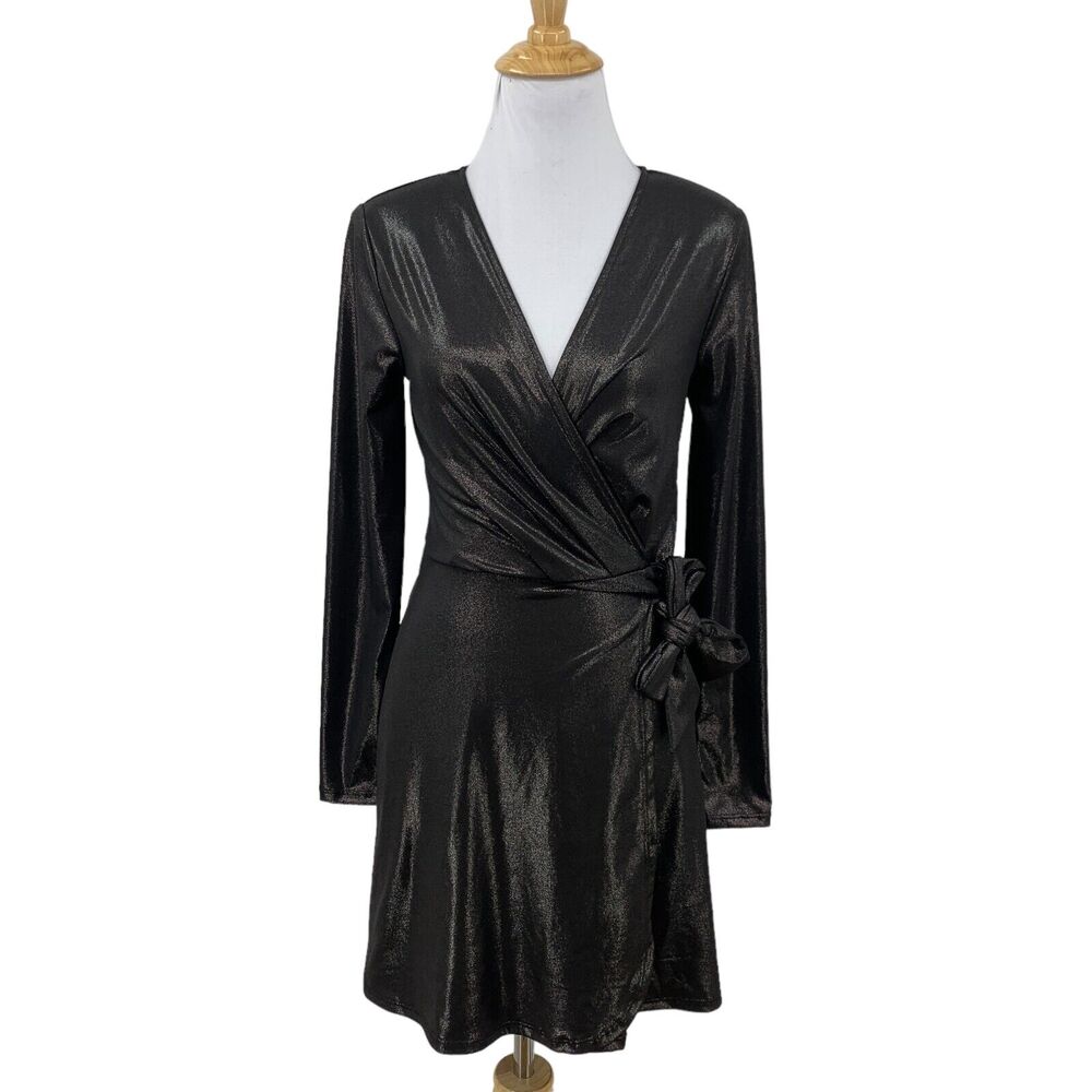 BCBGeneration Faux Wrap Dress Womens XXS 2XS Metallic Tie Waist Long Sleeve